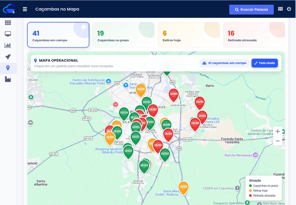 Mapa operacional do sistema de locação de caçambas Click Caçambas